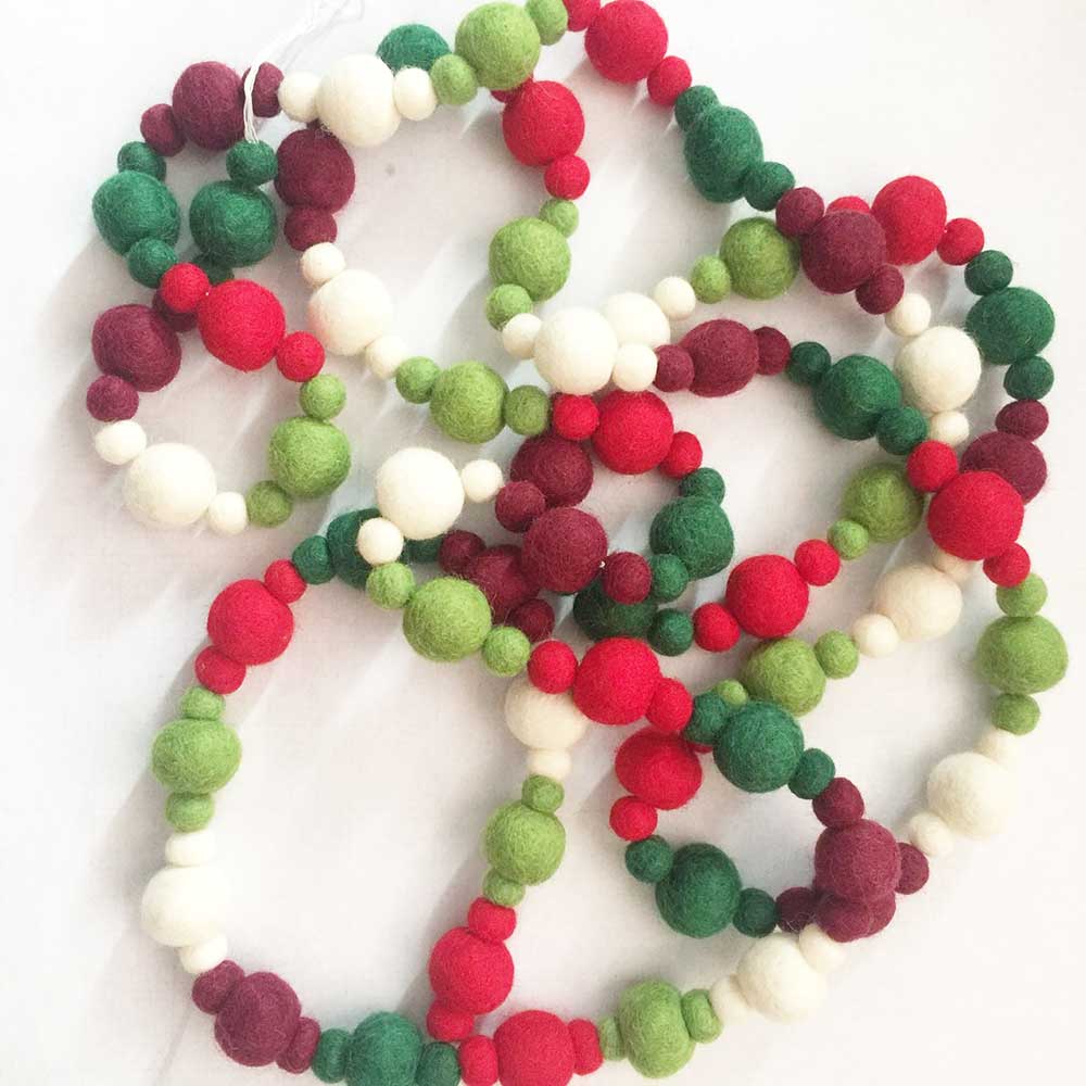 Christmas Felt Ball Garland- Swirls & Pom Poms- Red, Green, White