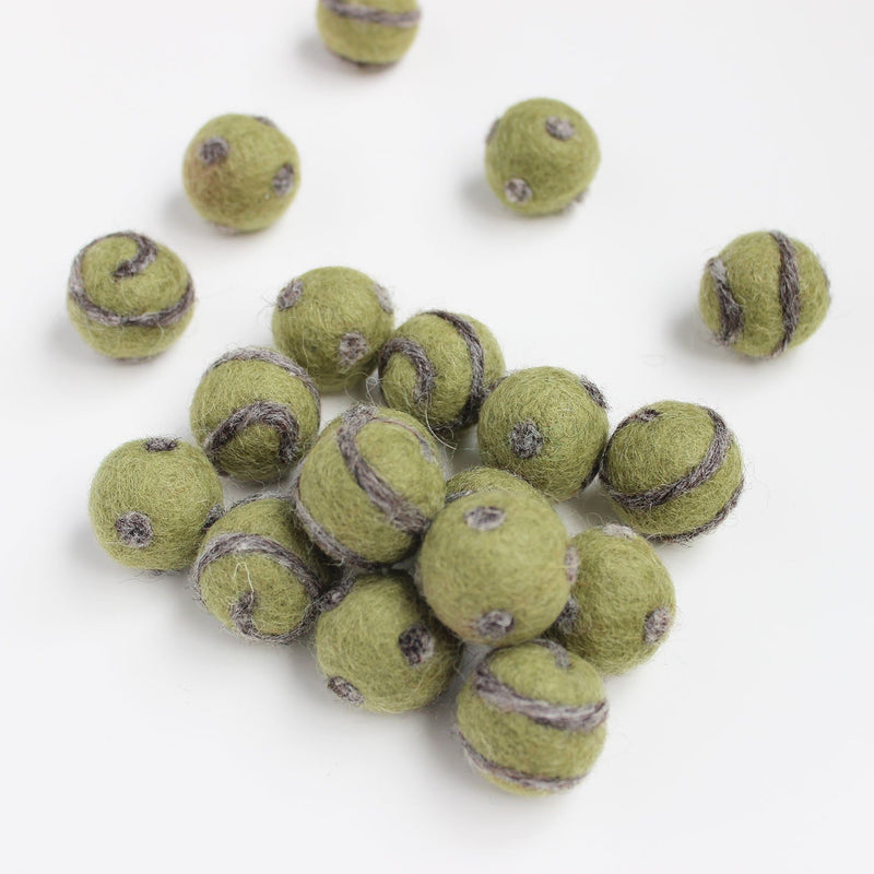 Polka Dot Swirl Felt Balls Natural Grey On Olive Green