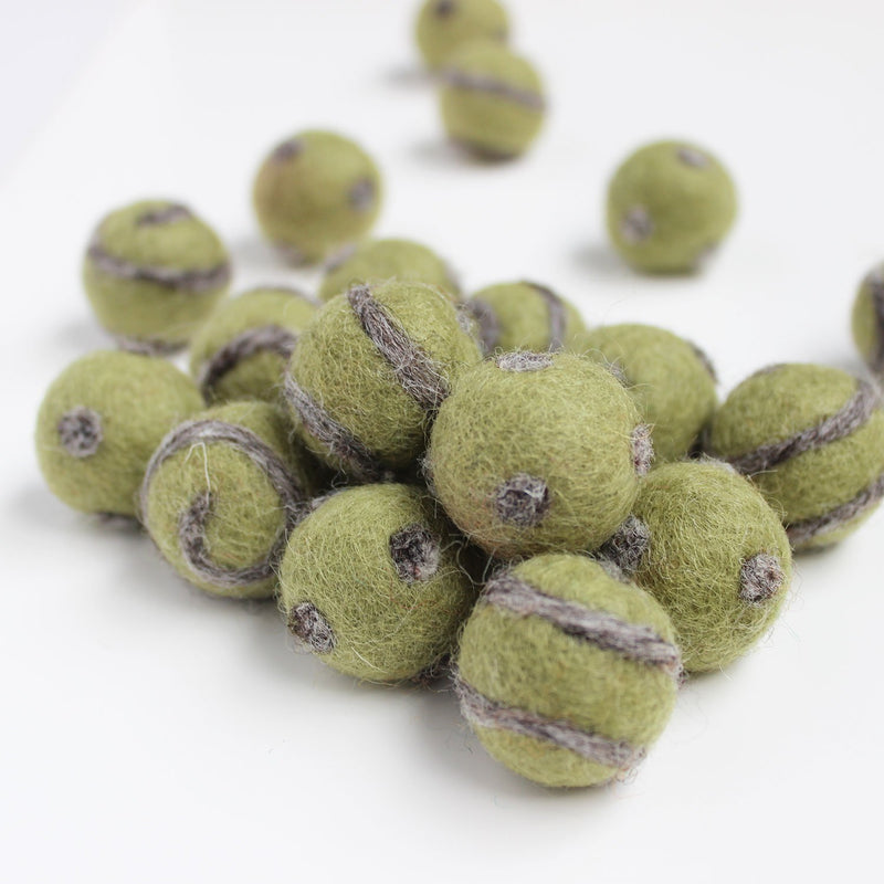 Polka Dot Swirl Felt Balls Natural Grey On Olive Green