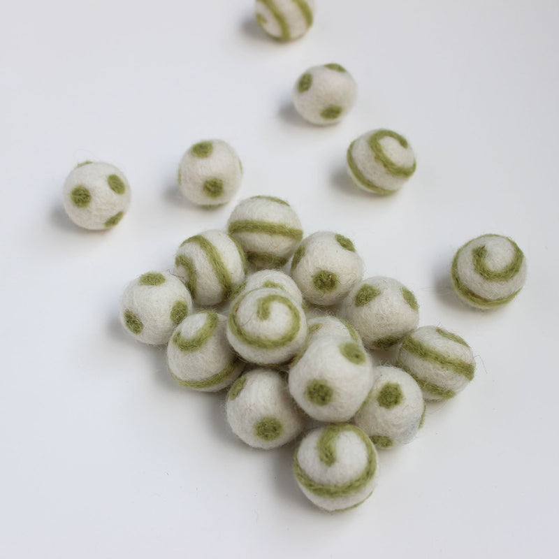 Polka Dot Swirl Felt Balls Olive Green On White